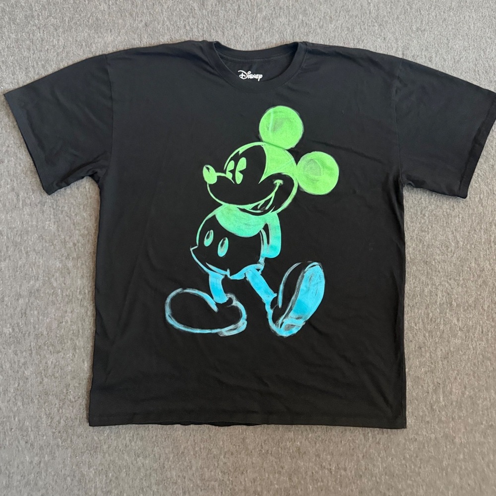 Disney Mickey Mouse Graphic T-Shirt Black Neon Green Blue Sketch Mens XL AB0123